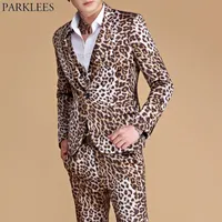 (Куртки + брюки) Мужские леопардовые печатные костюмы повседневные Slim Fit One Button 2 Piece Set Suits Свадебная певица DJ Stage Plus Costumes Homme 201106