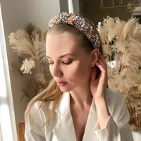 Simulated Pearl Hairband Full Pearls Crystal Hoop Soft Velvet Luxury Headband for Women Gold Flower Band Accessories