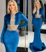 2022 Plus Size Arabic Aso Ebi Blue Mermaid Sexy Prom Dresses Lace Beaded Velvet Evening Formal Party Second Reception Birthday Engagement Gowns Dress ZJ266