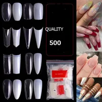Bästa 500pcs / Pack Natural Clear False Acrylic Nail Tips Full / Half Cover Tips Franska Sharp Coffin Ballerina Fake Nails UV Gel Manicure Tools