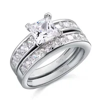 Lyxig storlek 5/6/7/8/9/10 Smycken 10kt vitguld fylld Topaz Princess Cut Simulerad Diamant Bröllop Ring Set Present med låda 43 N2