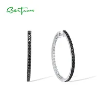 Серьги стерлингового серебра Santuzza 925 для женщин блестящий черный шпинель белый CZ простой стиль большой круг отличные украшения 220222