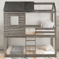 US Stock Bedroom Furniture Twin Over Bunk Bed Wood Loft Bed with Roof, Window, Guardrail, Ladder ( Antique Gray )