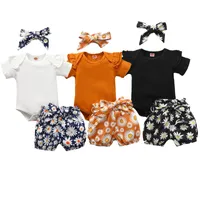 FocusNorm Yenidoğan Bebek Kız Erkek Giysileri Setleri 0-24 M Kısa Kollu Ruffles Romper Tops Ayçiçeği Şort Bandı Tops