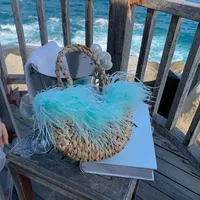Вечерние сумки мода страус меховой мех ротанга сумка дизайнер женские сумки роскошный летний пляж соломенная плетеная тканая рука бали Tote маленький 2022