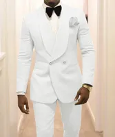 Beyaz Erkekler Düğün Smokin Şal Yaka Damat Suits Blazer 2 Parça Dobby Balo Parti Yemeği Ceket Kıyafetleri Custom Made (Ceket + Pantolon + Yay)