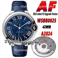 2022 AF 42mm 0050025 A2824 Mecânico Automático Mens Relógio Romano Azul Textura Dial Safira Caso Inoxidável Caso Calfskin Strap Super Versão Eternidade Relógios