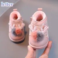 First Walkers Winter Children's Snow Boots Baby Girls Pink Lace Antlers Trend Plus Velvet Thick Non-slip Warm Cotton Walking Shoes