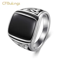 Cfbulongs punk titanium staal gladde zwarte steen vierkante ring viking fietser vinger ring antiek zilver kleur mannen sieraden cadeau1