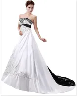 Vintage Zwart-wit Borduurwerk Trouwjurken Een Lijn Strapless Lace Up Plus Size Vestidos de Novia Retro Satijn Lange Bruids Trouwjurk