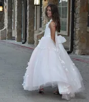 2021 Nowy Piękny Nowy Marka Biała Tiulowa Suknia Balowa Zroszony Koronki Kwiat Dziewczyny Sukienki z Bow Back Vestido de Nina de Las Flores