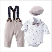 아기 소년 신사 의류는 아기 정장 Rompers + Bowtie + Suspender 바지 + 모자 4pcs 세트 유아 Bodysuit 유아용 옷