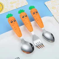 Sublimation Children Utensil Baby Tableware Set Infant Food Feeding Spoon Fork Easter Carrot Cartoon Shape Toddler Dinnerware Kids Cutlery