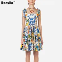 Donne da donna Summer Dress Brow Spaghetti Strap Strap Backless Blu e Bianco Porcellana Stampa floreale Mini Dress Vestido Mujer Verano1