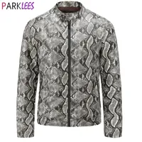 Sexy Snake Pattern PU Leather Jacket Men Brand Stand Collar Motorcycle Biker Faux Leather Mens Jackets Coats Chaquetas Hombre 201224