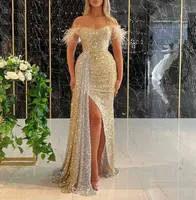 2021 Gold Aso Ebi Arabic Luxurious Lace Beaded Prom Dresses Mermaid Long Sleeves Evening Dresses Feather Formal Party Second Reception Gowns