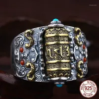 Anéis de cluster handcrafted 925 prata tibetano oração roda anel buddhist om mani padme zum boa sorte girando jóias redimensionais