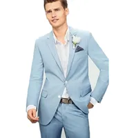 結婚式のタキシードスリムフィットカスタムメイドスーツ新郎ライト2021高いQuliaty Light Blue Mens Dress