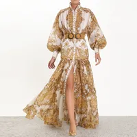 Banulin Pist Tasarımcısı Kadın Maxi Elbise Yüksek Bel Puf Kollu Sashes Altın Çiçek Baskı Tek Göğüslü Bölünmüş Uzun Elbise LJ200820