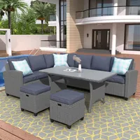 U_Style Patio Furniture Set de 5 piezas Configuración al aire libre Conjunto de comedor Silla de mesa con otomano y tira almohadas Stock A00281D