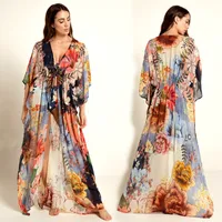 2021 BOHEMIAN MULTICOLORED Floral Stampato lungo Kimono Cardigan Tunica Tunica Donne Plus Size Beachwear Abbigliamento Top Blusa