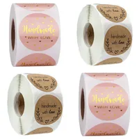 500pcs Handmade With Love Kraft Paper Stickers 25mm Pink Round Adhesive Labels Baking Wedding Party Decoration Sticker 406 N2