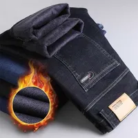 Winter Thermal Warm Flannel Stretch Jeans Mens Quality Famous Brand Fleece Pants Men Straight Flocking Trousers Jean Male 220124