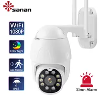 SANAN 1080P 자동 추적 IP 카메라 PTZ 무선 야외 풀 컬러 야간 사이렌 알람 돔 IP67 감시 카메라 CamHi 프로