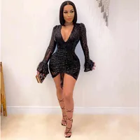 Luxurious Sequin V-neck Black Mini Dress Women Sexy Bodycon Sheer Mesh Patchwork Flare Sleeve Party Night Club Dresses