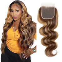 5X5 Transparent Lace Closure 4/27 Highlight Closure Brazilian Body Wave With Baby Hair Pre-Plucked Honey Blonde