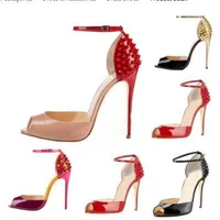 moda caliente de las ventas del nuevo mujeres Tacones altos Vestido Remaches Peep Toes Zapatos del alto talón sandalias tachonado claveteado inferior rojo bombea el tamaño 10 cm 34 -42