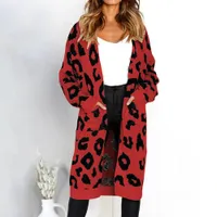 Leopard Womens V-Neck Cardigan Sweaters Autumn Printed Long Sleeve Sweaters Fashion Loose Knit Coat