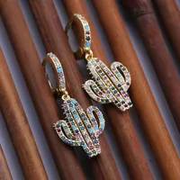 Young Ladies Gift Gold Plated Brass Cactus Charm Earring Multi Color Zircon Micro Pave Earrings