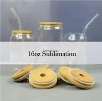 16 oz süblimasyon cam bira bardağı bambu kapaklı saman ile DIY boşluklar buzlu temizle olabilir tumblers bardak ısı transferi soda viski gözlükleri SF2B20