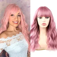 Syntetiska peruker Saisity Pink Brown Golden Highlight Långt vågigt hår med smäll Värmebeständig cosplay för svart