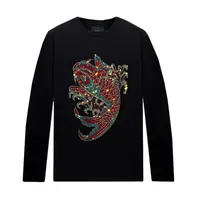 Mens Rhinestone T-shirt Crew Neck Long Sleeves Tops Streetwear Slim Fit Tee Bottoming Shirts for Autumn