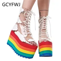 GCYFWJ Rainbow Heel Women Boots Transparent PVC Leather Laces Shoes Thick Bottom Fashion Nightclub Cake Bottom Female Botas 201019