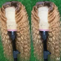 Indien 13x4 Lace Front Human Hair Paryker med Baby Hair Silk Top Ombre Ljus Blond Full Lace Wig Remy Deep Wave 360 ​​Wigs Headband