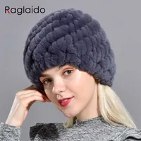 Raglaido Rabbit winter fur hat for Women Russian Real Fur Knitted Cap headgea Winter Warm Beanie Hats fashion brand LQ11279 220107