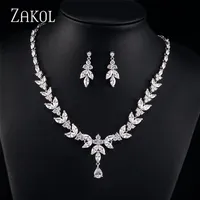 Zakol Zirkons Marke Mode Weiße AAA + CZ Zirkonia Blatt Ohrringe Halskette Set für Frauen Braut Hochzeiten Schmuck Fabrik Preis 220224