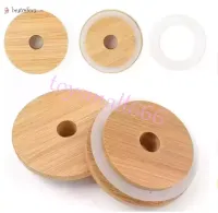 Couvercles de bouchon de bambou 70mm 88mm Couvercle de jar en bois en bois réutilisable avec trou de paille et joint en silicone DHL livraison B0114
