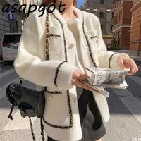 Asapgot Beyaz Vizon Kaşmir Kazak Ceket Kadın Sonbahar Kış Tembel Tarzı Kore Retro Siyah Gevşek O Boyun Örme Hırka Moda 211228