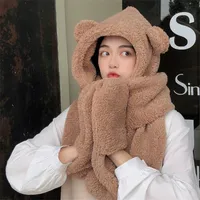 Berets Winter Cute Bear Ear Hat Scarf Gloves Set For Women Korean Kwaii Caps Warm Plush Hats Outdoor Fleece Cap Fashion