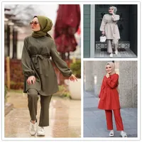 Plus Size Abaya Dubai Moslim Lace-up Tops Broek 2 Stuks Sets Dames Kaftan VAE Oman Pakistan Turkse Islamitische kleding Jurk Sets T200117
