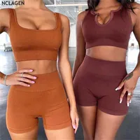 NCLAGEN Women 2 Two Piece Set Stripe Seamless Sexy Gym Workout Clothes Sports Bra + Shorts Yoga Suit Tracksuit Fitness Outfits 220122