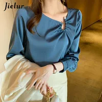 Women's Blouses & Shirts Pearl Long-sleeved Women High Street Style Blue Apricot Graceful Female 2022 Solid Color Casual Tops