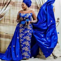 Royal blue Aso Ebi Evening Dress 2020 Nigeria Saudi Plus Size Prom Party Gowns Lace Appliques Detachabled Train Celebrity Dress