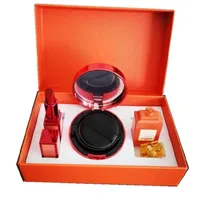 3 في 1 العلامة التجارية مكياج هدايا مجموعة هدايا لامعة لون شفاه أحمر الشفاه القرمزي روج وسادة Cushion Compact Eau de Parfum Cosmetics Collection Kit Travel Kit