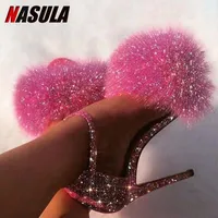 Обувь платье Nasula 2021 женский летний меховой мех сандалии на высоком каблуке открытые пальцы свадьбы сексуальные сплошные цвета пушистые насосы леди сандалии1