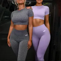 Toptan-2020 Yaz Spor Seti Kadınlar Mor Logo İki 2 Adet Crop Top tişört Sütyen Tayt Sportsuit Egzersiz Kıyafet Spor Yoga Salonu Setleri